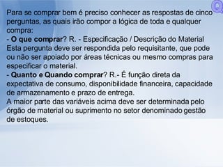 Para se comprar bem é preciso conhecer as respostas de cinco perguntas, as quais irão compor a lógica de toda e qualquer compra: -  O que comprar ? R. - Especificação / Descrição do Material Esta pergunta deve ser respondida pelo requisitante, que pode ou não ser apoiado por áreas técnicas ou mesmo compras para especificar o material. -  Quanto e   Quando   comprar ? R.- É função direta da expectativa de consumo, disponibilidade financeira, capacidade de armazenamento e prazo de entrega. A maior parte das variáveis acima deve ser determinada pelo órgão de material ou suprimento no setor denominado gestão de estoques. Q 