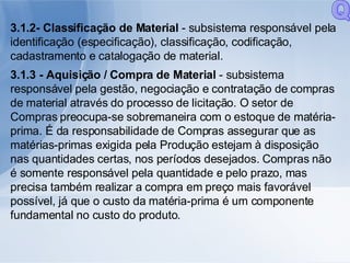 3.1.2- Classificação de Material  - subsistema responsável pela identificação (especificação), classificação, codificação, cadastramento e catalogação de material. 3.1.3 - Aquisição / Compra de Material  - subsistema responsável pela gestão, negociação e contratação de compras de material através do processo de licitação. O setor de Compras preocupa-se sobremaneira com o estoque de matéria-prima. É da responsabilidade de Compras assegurar que as matérias-primas exigida pela Produção estejam à disposição nas quantidades certas, nos períodos desejados. Compras não é somente responsável pela quantidade e pelo prazo, mas precisa também realizar a compra em preço mais favorável possível, já que o custo da matéria-prima é um componente fundamental no custo do produto. Q 
