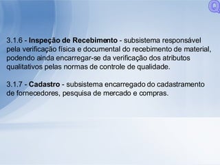 3.1.6 -  Inspeção de Recebimento  - subsistema responsável pela verificação física e documental do recebimento de material, podendo ainda encarregar-se da verificação dos atributos qualitativos pelas normas de controle de qualidade. 3.1.7 -  Cadastro  - subsistema encarregado do cadastramento de fornecedores, pesquisa de mercado e compras. Q 