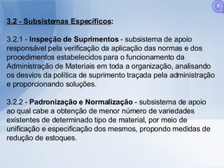 3.2 - Subsistemas Específicos : 3.2.1 -  Inspeção de Suprimentos  - subsistema de apoio responsável pela verificação da aplicação das normas e dos procedimentos estabelecidos para o funcionamento da Administração de Materiais em toda a organização, analisando os desvios da política de suprimento traçada pela administração e proporcionando soluções. 3.2.2 -  Padronização e Normalização  - subsistema de apoio ao qual cabe a obtenção de menor número de variedades existentes de determinado tipo de material, por meio de unificação e especificação dos mesmos, propondo medidas de redução de estoques. Q 