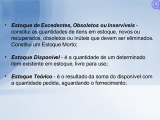 Estoque de Excedentes, Obsoletos ou Inservíveis  - constitui as quantidades de itens em estoque, novos ou recuperados, obsoletos ou inúteis que devem ser eliminados. Constitui um Estoque Morto; Estoque Disponível  - é a quantidade de um determinado item existente em estoque, livre para uso; Estoque Teórico  - é o resultado da soma do disponível com a quantidade pedida, aguardando o fornecimento; Q 