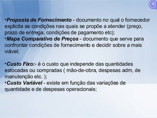 Proposta de Fornecimento  - documento no qual o fornecedor explicita as condições nas quais se propõe a atender (preço, prazo de entrega, condições de pagamento etc); Mapa Comparativo de Preços  - documento que serve para confrontar condições de fornecimento e decidir sobre a mais viável; Custo Fixo: - é o custo que independe das quantidades estocadas ou compradas ( mão-de-obra, despesas adm, de manutenção etc. ); Custo Variável  - existe em função das variações de quantidade e de despesas operacionais; Q 