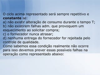 O ciclo acima representado será sempre repetitivo e  constante  se: a) não existir alteração de consumo durante o tempo T; b) não existirem falhas adm. que provoquem um esquecimento ao solicitar compra; c) o fornecedor nunca atrasar; d) nenhuma entrega do fornecedor for rejeitada pelo controle de qualidade. Como sabemos essa condição realmente não ocorre para isso devemos prever essas possíveis falhas na operação como representado abaixo: 