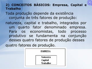 2) CONCEITOS BÁSICOS: Empresa, Capital e Trabalho Toda produção depende da existência conjunta de três fatores de produção: natureza, capital e trabalho, integrados por um quarto fator denominado empresa. Para os economistas, todo processo produtivo se fundamenta na conjunção desses quatro fatores de produção desses quatro fatores de produção. Q 