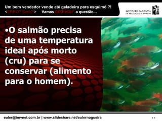 Um bom vendedor vende até geladeira para esquimó ?!  < ERRO? Será?! > O salmão precisa de uma temperatura ideal após morto (cru) para se conservar (alimento para o homem). Vamos  analisar  a questão... 