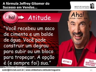A fórmula Jeffrey Gitomer do Sucesso em Vendas... Aha! Atitude – Humor - Ação Atitude “ Você recebeu um saco de cimento e um balde de água. Você pode construir um degrau para subir ou um bloco para tropeçar. A opção é (e sempre foi) sua.”  (Jeffrey Gitomer) A ha! 