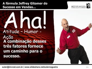 A fórmula Jeffrey Gitomer do Sucesso em Vendas... Aha! Atitude – Humor - Ação A combinação desses três fatores fornece um caminho para o sucesso. 