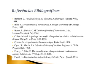  Barnard, C. The functions of the executive. Cambridge: Harvard Press,
1938.
 Blau, P. The dunamics of bureaucracy. Chicago: University of Chicago
Press, 1955.
 Burns, T.; Stalker, G.M.The management of innovations. 3.ed.
London:Tavistock Pub, 1961.
 Cohen, M et al. A garbage can model of organization choice. Administrative
Science Qarterly, v. 17, p. 1-25, 1972.
 Crozier, M. Le phénomène bureaucratique. Paris :Seuil, 1964.
 Cyert, R.; March, J. A behavioral theory of the firm. Englewood Cliffs:
Prentice Hall, 1963.
 Emery, F; Trist, E. The causal texture of organizational environments.
Human Relations, n. XVIII, p. 21-33, 1965.
 Fayol, H. Administration industrielle et générale. Paris : Dunod, 1916.
 