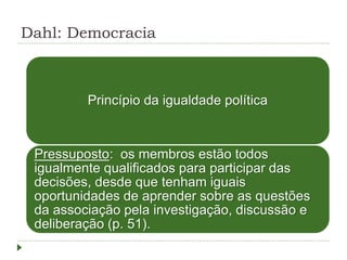 Dahl: Democracia
Princípio da igualdade política
Pressuposto: os membros estão todos
igualmente qualificados para participar das
decisões, desde que tenham iguais
oportunidades de aprender sobre as questões
da associação pela investigação, discussão e
deliberação (p. 51).
 