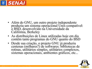 Além do GNU, um outro projeto independente produziu um sistema operacional Unix-compatível: o BSD, desenvolvido na Universidade da Califórnia, Berkeley As distribuições de Linux utilizadas hoje em dia contêm tanto programas do GNU quanto do BSD Desde sua criação, o projeto GNU já produziu centenas (milhares?) de softwares: bibliotecas de rotinas, utilitários simples, utilitários complexos, sistemas operacionais, ambientes gráficos, etc... 