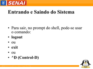 Entrando e Saindo do Sistema Para sair, no prompt do shell, pode-se usar o comando: logout ou exit ou ^D (Control-D)   