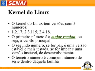 Kernel do Linux O kernel do Linux tem versões com 3 números: 1.2.17, 2.3.115, 2.4.18. O primeiro número é a  major version , ou seja, a versão principal. O segundo número, se for par, é uma versão estável e mais testada, se for ímpar é uma versão instável, de desenvolvimento. O terceiro número é como um número de série dentro daquela família 