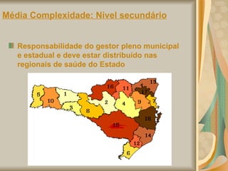 Média Complexidade: Nível secundário   Responsabilidade do gestor pleno municipal e estadual e deve estar distribuído nas regionais de saúde do Estado 