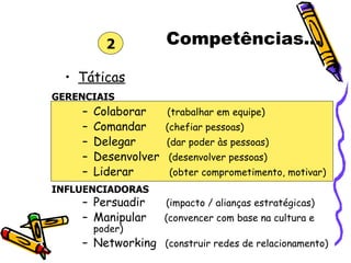 Competências... Táticas Colaborar  (trabalhar em equipe) Comandar  (chefiar pessoas) Delegar  (dar poder às pessoas)  Desenvolver  (desenvolver pessoas) Liderar  (obter comprometimento, motivar) Persuadir  (impacto / alianças estratégicas) Manipular  (convencer com base na cultura e poder) Networking   (construir redes de relacionamento)  GERENCIAIS INFLUENCIADORAS 2 