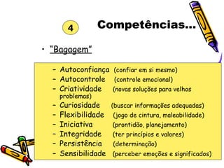 Competências... “ Bagagem” Autoconfiança  (confiar em si mesmo) Autocontrole  (controle emocional) Criatividade  (novas soluções para velhos problemas) Curiosidade  (buscar informações adequadas) Flexibilidade  (jogo de cintura, maleabilidade) Iniciativa  (prontidão, planejamento) Integridade  (ter princípios e valores)  Persistência  (determinação)  Sensibilidade  (perceber emoções e significados)   4 
