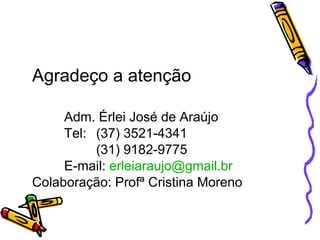 Agradeço a atenção Adm. Érlei José de Araújo Tel: (37) 3521-4341 (31) 9182-9775 E-mail:  [email_address] Colaboração: Profª Cristina Moreno 