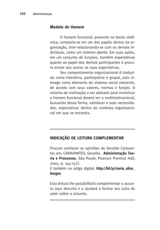 140 Administração 
Modelo de Homem 
O homem funcional, presente na teoria sistê-mica, 
comporta-se em um dos papéis dentro da or-ganização, 
inter-relacionando-se com os demais in-divíduos, 
como um sistema aberto. Em suas ações, 
em um conjunto de funções, mantém expectativas 
quanto ao papel dos demais participantes e procu-ra 
enviar aos outros as suas expectativas. 
Seu comportamento organizacional é traduzi-do 
como interativo, participativo e grupal, pois in-terage 
como elemento do sistema social existente, 
de acordo com seus valores, normas e função. O 
sistema de motivação a ser adotado para incentivar 
o homem funcional deverá ser o multimotivacional, 
buscando dessa forma, satisfazer a suas necessida-des, 
expectativas dentro do contexto organizacio-nal 
em que se encontra. 
Indicação de Leitura Complementar 
Procure conhecer as opiniões de Geraldo Caravan-tes 
em: CARAVANTES, Geraldo. Administração Teo-ria 
e Processos. São Paulo: Pearson Prentice Hall, 
2005, p. 145-157). 
E também no artigo digital: http://bit.ly/maria_alice_ 
borges 
Esta leitura lhe possibilitará complementar o assun-to 
aqui descrito e o ajudará a formar seu juízo de 
valor sobre o assunto. 
 