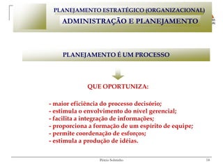 PLANEJAMENTO ESTRATÉGICO (ORGANIZACIONAL)

    ADMINISTRAÇÃO E PLANEJAMENTO



    PLANEJAMENTO É UM PROCESSO




             QUE OPORTUNIZA:

- maior eficiência do processo decisório;
- estimula o envolvimento do nível gerencial;
- facilita a integração de informações;
- proporciona a formação de um espírito de equipe;
- permite coordenação de esforços;
- estimula a produção de idéias.

                 Pércio Sobrinho                     14
 