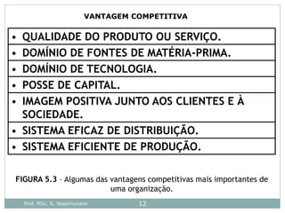 Prof. MSc. S. Nepomuceno 12
• QUALIDADE DO PRODUTO OU SERVIÇO.
• DOMÍNIO DE FONTES DE MATÉRIA-PRIMA.
• DOMÍNIO DE TECNOLOGIA.
• POSSE DE CAPITAL.
• IMAGEM POSITIVA JUNTO AOS CLIENTES E À
SOCIEDADE.
• SISTEMA EFICAZ DE DISTRIBUIÇÃO.
• SISTEMA EFICIENTE DE PRODUÇÃO.
FIGURA 5.3 – Algumas das vantagens competitivas mais importantes de
uma organização.
VANTAGEM COMPETITIVA
 