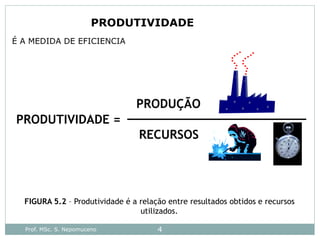 Prof. MSc. S. Nepomuceno 4
FIGURA 5.2 – Produtividade é a relação entre resultados obtidos e recursos
utilizados.
PRODUTIVIDADE =
PRODUÇÃO
RECURSOS
PRODUTIVIDADE
É A MEDIDA DE EFICIENCIA
 