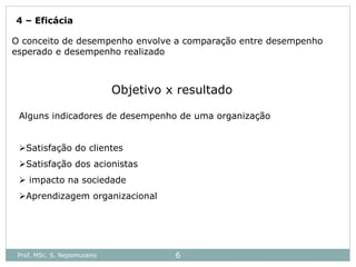 Prof. MSc. S. Nepomuceno 6
4 – Eficácia
O conceito de desempenho envolve a comparação entre desempenho
esperado e desempenho realizado
Objetivo x resultado
Alguns indicadores de desempenho de uma organização
Satisfação do clientes
Satisfação dos acionistas
 impacto na sociedade
Aprendizagem organizacional
 