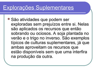 Explorações Suplementares
São atividades que podem ser
exploradas sem prejuízos entre si. Nelas
são aplicados os recursos que então
sobrando ou ociosos. A soja plantada no
verão e o trigo no inverso. São exemplos
típicos de culturas suplementares, já que
ambas aproveitam os recursos que
estão disponíveis sem que uma interfira
na produção da outra.
 