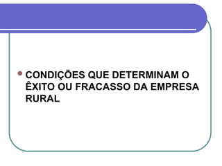 CONDIÇÕES QUE DETERMINAM O
ÊXITO OU FRACASSO DA EMPRESA
RURAL
 