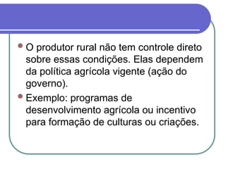 O produtor rural não tem controle direto
sobre essas condições. Elas dependem
da política agrícola vigente (ação do
governo).
Exemplo: programas de
desenvolvimento agrícola ou incentivo
para formação de culturas ou criações.
 