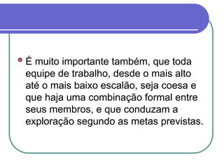 É muito importante também, que toda
equipe de trabalho, desde o mais alto
até o mais baixo escalão, seja coesa e
que haja uma combinação formal entre
seus membros, e que conduzam a
exploração segundo as metas previstas.
 