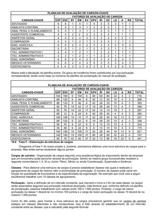 PLANILHA DE AVALIAÇÃO DE CARGOS-CHAVE
CARGOS-CHAVE
FATORES DE AVALIAÇÃO DE CARGOS
EXP ESC EF EM EV EPV RI DC LS A RS TOTAL
ADVOGADO 6 6 1 4 1 4 4 5 3 1 1
ANALISTA CONTÁBIL 5 5 1 3 1 3 2 3 1 1 1
ANAL PESQ. E PLANEJAMENTO 5 5 1 3 1 3 3 3 1 1 1
ASSISTENTE COMERCIAL 4 4 2 2 2 2 3 4 1 1 1
INSPETOR GERAL 4 4 2 2 2 3 2 2 2 2 1
COMPRADOR 5 5 1 2 1 3 3 4 1 1 1
ENG. AGRÍCOLA 6 6 2 4 2 3 3 4 2 3 2
SECRETÁRIA 5 5 1 2 1 2 3 3 1 1 1
TEC. ADMINISTRATIVO I 4 4 1 2 1 1 2 2 1 1 1
TEC. ADMINISTRATIVO II 3 3 1 2 1 1 2 2 1 1 1
ENG. AGRONÔMO 6 6 2 4 2 3 3 4 2 3 3
MÉDICO VETERINÁRIO 6 6 2 4 3 4 3 5 3 4 3
ZOOTECNISTA 4 4 3 3 3 3 2 5 2 4 3
Abaixo está a tabulação da planilha acima. Os graus de incidência foram substituídos por sua pontuação
correspondente, tendo como base os números da planilha de ponderação do manual de avaliação.
PLANILHA DE AVALIAÇÃO DE CARGOS-CHAVE
CARGOS-CHAVE
FATORES DE AVALIAÇÃO DE CARGOS
EXP ESC EF EM EV EPV RI DC LS A RS TOTAL
ADVOGADO 140 190 9 100 8 90 60 80 32 4 3 716
ANALISTA CONTÁBIL 88 120 9 46 8 42 13 25 10 4 3 368
ANAL PESQ. E PLANEJAMENTO 88 120 9 46 8 42 28 25 10 4 3 383
ASSISTENTE COMERCIAL 56 76 19 22 17 19 28 45 10 4 3 299
INSPETOR GERAL 56 76 19 22 17 42 13 14 18 7 3 287
COMPRADOR 88 12 9 22 8 42 28 45 4 4 3 265
ENG. AGRÍCOLA 140 190 19 10 17 42 28 45 18 13 5 527
SECRETÁRIA 88 120 9 22 8 19 28 25 10 4 3 336
TEC. ADMINISTRATIVO I 56 76 9 22 8 9 13 14 10 4 3 224
TEC. ADMINISTRATIVO II 35 48 9 22 8 9 13 14 10 4 3 175
ENG. AGRONÔMO 140 190 19 100 17 42 28 45 18 13 9 621
MÉDICO VETERINÁRIO 140 190 19 100 37 90 28 80 32 22 9 747
ZOOTECNISTA 56 76 42 46 37 42 13 80 18 22 9 441
10.8 Fase F - Elaboração da estrutura de cargos
Chegamos à Fase F do nosso projeto e, portanto, precisamos elaborar uma nova estrutura de cargos para a
empresa. Mas antes vamos esclarecer alguns pontos:
Cargos de carreira - Organização de cargos segundo uma seqüência lógica de crescimento dentro da empresa
que um funcionário pode percorrer através de promoções. Dentro do mesmo grupo funcional eles recebem a
seguinte nomenclatura: I, II, III ou Júnior, Pleno, Sênior ou ainda Coordenação, Supervisão e Gerência.
Classes - Para elaborar uma estrutura de cargos é preciso estabelecer classes nas quais é realizado o
agrupamento de cargos de mesmo valor e proximidade de pontuação. O número de classes pode variar em
função da quantidade de funcionários e da especificidade da organização. No exemplo que você verá a seguir
escolhemos trabalhar com 10 classes de agrupamento.
Pontuação - Após a definição de um intervalo constante, que marcará o início e o fim de cada classe, os cargos
serão assentados segundo sua pontuação individual alcançada. Vale lembrar que, conforme definido na planilha
de ponderação, estamos trabalhando com valores entre 100 e 1.000 pontos. Portanto, o cargo de menor
pontuação na classe 1 deverá ter no mínimo 100 pontos e o cargo de maior pontuação na classe 10 deverá ter no
máximo 1.000 pontos.
Como foi dito antes, para montar a nova estrutura de cargos precisamos garantir que os cargos de carreira
estejam em classes diferentes e não consecutivas. Isso é feito através do estabelecimento de um intervalo
constante entre as classes, que é calculado pela seguinte fórmula:
 