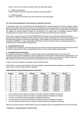 Adota o mínimo de mercado como ponto médio de cada faixa salarial
b- Política conservadora
Adota a média de mercado como ponto médio de cada faixa salarial
c- Política agressiva
Adota o 3o
. quartil de mercado como ponto médio de cada faixa salarial
5.4- Custo de Enquadramento e Simulações do Impacto Financeiro
A implantação desta nova ESTRUTURA DE REMUNERAÇÃO, independentemente da Política Salarial adotada,
pode causar impacto financeiro na empresa. Isto acontece porque as organizações, quando estão elaborando um
Plano de Gestão de Cargos e Salários, geralmente descobrem que a maioria de seus cargos está em defasagem
em relação às práticas salariais médias da concorrência. Em função disso é necessário verificar como o
enquadramento dos cargos na nova estrutura salarial irá afetar financeiramente estas empresas.
Para medir o impacto financeiro do ENQUADRAMENTO dos cargos na nova estrutura salarial da empresa
podemos fazer algumas simulações. Mais adiante você encontrará a explicação do funcionamento de dois tipos de
enquadramento usados na maioria das organizações. Vale ressaltar que o impacto financeiro que estaremos
simulando é NOMINAL, ou seja, representado pela diferença entre os salários atuais e aqueles pagos após seu
enquadramento na faixa salarial correspondente.
a- Enquadramento Inicial
É um ajuste não competitivo. A empresa não quer que nenhum funcionário esteja posicionado fora da faixa inferior
da classe correspondente. Então o enquadramento será no ponto inicial da faixa correspondente.
b- Enquadramento Conservador
É um ajuste de proteção em relação ao mercado. Alguns cargos, geralmente aqueles cuja maioria dos
funcionários possui grande experiência, serão enquadrados no ponto médio da faixa salarial correspondente. Com
esse ajuste pretende-se segurar funcionários fundamentais para a empresa e que podem ser atraídos facilmente
pelo mercado concorrente. Os demais serão enquadrados no ponto inicial da faixa salarial.
A seguir você verá exemplos da aplicação destes enquadramentos.
Para simular o custo de enquadramento nas duas hipóteses vistas anteriormente utilizaremos a tabela salarial
abaixo com um rol de cargos e salários hipotéticos.
Tabela Salarial ( Cargos Administrativos e Técnicos )
Classe Nível 1 Nível 2 Nível 3 Nível 4 Nível 5
1 347,64 372,93 400,00 428,86 460,24
2 460,25 493,72 529,56 567,77 609,31
3 609,32 653,64 701,08 751,67 806,67
4 806,68 865,35 928,17 995,14 1.067,95
5 1.067,96 1.145,64 1.228,80 1.317,47 1.413,86
6 1.413,87 1.516,72 1.626,80 1.744,20 1.871,80
7 1.871,81 2.007,97 2.153,73 2.309,14 2.478,08
8 2.478,09 2.658,36 2.851,31 3.057,07 3.280,73
9 3.280,74 3.519,40 3.774,85 4.047,26 4.343,36
10 4.343,37 4.659,34 5.000,00 5.358,16 5.750,17
• nível 1 está dois pontos abaixo da média do mercado ajustada à realidade da empresa
• O nível 2 está um ponto abaixo da média do mercado ajustada à realidade da empresa
• O nível 3 é a média do mercado ajustada à realidade da empresa
• O nível 4 está um ponto acima da média do mercado ajustada à realidade da empresa
• O nível 5 está dois pontos acima da média do mercado ajustada à realidade da empresa
Agora que você já conheceu a tabela salarial, veja uma simulação para os enquadramentos Inicial e Conservador:
“ Hipótese a “ ( Enquadramento no Ponto Inicial )
 