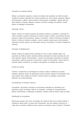 Comprador de materiais diversos
Efetuar e acompanhar pequenas compras de materiais sob supervisão da chefia da seção;
classificar e analisar requisições de compras remetidas por outros setores; pesquisar cadastro
de fornecedores e efetuar coleta de preços; estudar preços e qualidades, optando pelo que
obter melhores condições; efetuaras compras e controlar a entrega dos materiais; manter
arquivo de catálogos e fornecedores.
Comprador Técnico
Efetuar compras de materiais especiais de produção mediante a supervisão e orientação da
chefia; classificar e analisar solicitações de compra; estudar e analisar necessidades técnicas;
pesquisar cadastro de fornecedores; preparar concorrência. analisar informaçoes recebidas e
informar á chefia as melhores condições; manter e atualizar cadastro geral de fornecedores;
assessorar as várias seções com informações técnicas; acompanhar e controlar a entrega dos
materiais.
Comprador de Matéria-prima
Efetuar compras de matérias Primas utilizadas em urna ou várias unidades fabris, sob
supervisão da chefia da seção: classificar analisar solicitação de compra remetidas pôr outro
setor; pesqisar cadastro de fornecedores; consultar em publicações específicas as cotações
dos produtos; organizar pequenas concorrencias; analisar as informações e opinar sobre as
melhores ofertas; providenciar as compras e acompanhar as entregas das mesmas.
Auxiliar de Compras
Controlar o recebimento de solicitações de compras e efetuar conferência dos valores
anotados; pesquisar arquivo de publicações técnicas; elaborar relações de fornecedores para
cada material, emitir pedidos de Compra; controlar arquivo de catálogos e documentos
referentes às compras efetuadas.
Acompanhador de Compras Follow-up
Acompanhar, documentar e fiscalizar as encomendas realizadas em observância aos
respectivos prazos de entrega; informar ao comprador o resultado do acompanhamento;
efetuar cancelamentos, modificações e pequenas compras conforme determi nação da chefia.
Qualificação de compradores
Mesmo para aqueles mais novos na atividade de compras já deve ter-se tornado evidente a
importância dessa função e o quanto ela é interessante. Aos mais antigos no exercício do
cargo deve ter ocorrido a diferença entre a função de comprador atual e o primitivo "Colocador
 