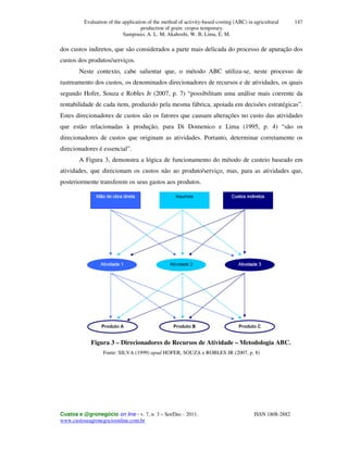 Evaluation of the application of the method of activity-based-costing (ABC) in agricultural
production of grain: cropos temporary.
Sampoaio, A. L. M; Akahoshi, W. B; Lima, E. M.
Custos e @gronegócio on line - v. 7, n. 3 – Set/Dec - 2011. ISSN 1808-2882
www.custoseagronegocioonline.com.br
147
dos custos indiretos, que são considerados a parte mais delicada do processo de apuração dos
custos dos produtos/serviços.
Neste contexto, cabe salientar que, o método ABC utiliza-se, neste processo de
rastreamento dos custos, os denominados direcionadores de recursos e de atividades, os quais
segundo Hofer, Souza e Robles Jr (2007, p. 7) “possibilitam uma análise mais coerente da
rentabilidade de cada item, produzido pela mesma fábrica, apoiada em decisões estratégicas”.
Estes direcionadores de custos são os fatores que causam alterações no custo das atividades
que estão relacionadas à produção, para Di Domenico e Lima (1995, p. 4) “são os
direcionadores de custos que originam as atividades. Portanto, determinar corretamente os
direcionadores é essencial”.
A Figura 3, demonstra a lógica de funcionamento do método de custeio baseado em
atividades, que direcionam os custos não ao produto/serviço, mas, para as atividades que,
posteriormente transferem os seus gastos aos produtos.
Figura 3 – Direcionadores de Recursos de Atividade – Metodologia ABC.
Fonte: SILVA (1999) apud HOFER, SOUZA e ROBLES JR (2007, p. 8)
 