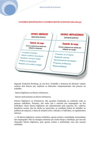 Administração de Empresas
FATORES HIGIÊNICOS E FATORES MOTIVACIONAIS (Herzberg)
Segundo Frederick Herzberg, no seu livro “Trabalho e Natureza do Homem” (1966),
existem dois fatores que explicam os diferentes comportamentos das pessoas no
trabalho:
· fatores higiênicos ou fatores extrínsecos;
· fatores motivacionais ou fatores intrínsecos.
Fatores Higiênicos ou Extrínsecos: São questões localizadas no ambiente onde as
pessoas trabalham. Portanto, não estão sob o controle dos empregados ou dos
indivíduos. Esses fatores higiênicos são administrados pela empresa. Ex.: salários,
benefícios sociais, tipo de chefia ou supervisão, as condições físicas de trabalho, as
políticas da empresa, o clima de relações entre a direção e o indivíduo, os regulamentos
internos.
=> Os fatores higiênicos, mesmo satisfeitos, apenas evitam a insatisfação momentânea
dos empregados. Não se consegue sustentar por muito tempo a satisfação, por isso são
chamados fatores higiênicos, pois apenas evitam a insatisfação, mas não causam
satisfação.
 