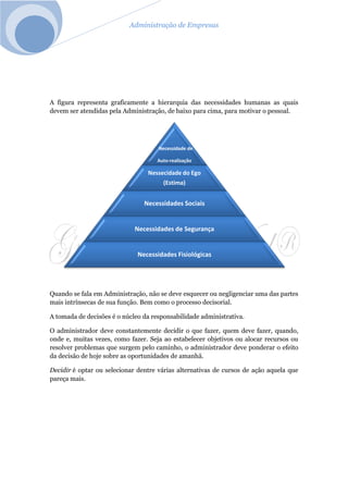 Administração de Empresas
A figura representa graficamente a hierarquia das necessidades humanas as quais
devem ser atendidas pela Administração, de baixo para cima, para motivar o pessoal.
Quando se fala em Administração, não se deve esquecer ou negligenciar uma das partes
mais intrínsecas de sua função. Bem como o processo decisorial.
A tomada de decisões é o núcleo da responsabilidade administrativa.
O administrador deve constantemente decidir o que fazer, quem deve fazer, quando,
onde e, muitas vezes, como fazer. Seja ao estabelecer objetivos ou alocar recursos ou
resolver problemas que surgem pelo caminho, o administrador deve ponderar o efeito
da decisão de hoje sobre as oportunidades de amanhã.
Decidir é optar ou selecionar dentre várias alternativas de cursos de ação aquela que
pareça mais.
Necessidade de
Auto-realização
Nessecidade do Ego
(Estima)
Necessidades Sociais
Necessidades de Segurança
Necessidades Fisiológicas
 