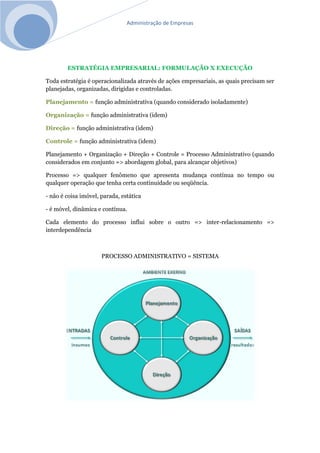 Administração de Empresas
ESTRATÉGIA EMPRESARIAL: FORMULAÇÃO X EXECUÇÃO
Toda estratégia é operacionalizada através de ações empresariais, as quais precisam ser
planejadas, organizadas, dirigidas e controladas.
Planejamento = função administrativa (quando considerado isoladamente)
Organização = função administrativa (idem)
Direção = função administrativa (idem)
Controle = função administrativa (idem)
Planejamento + Organização + Direção + Controle = Processo Administrativo (quando
considerados em conjunto => abordagem global, para alcançar objetivos)
Processo => qualquer fenômeno que apresenta mudança contínua no tempo ou
qualquer operação que tenha certa continuidade ou seqüência.
- não é coisa imóvel, parada, estática
- é móvel, dinâmica e contínua.
Cada elemento do processo influi sobre o outro => inter-relacionamento =>
interdependência
PROCESSO ADMINISTRATIVO = SISTEMA
 