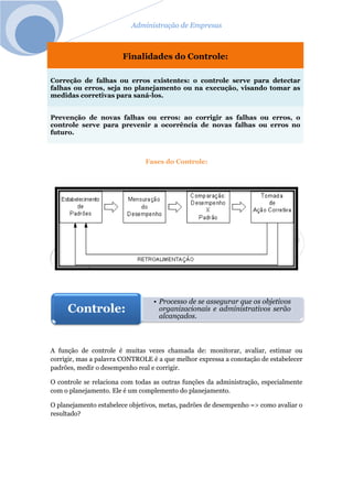 Administração de Empresas
Finalidades do Controle:
Correção de falhas ou erros existentes: o controle serve para detectar
falhas ou erros, seja no planejamento ou na execução, visando tomar as
medidas corretivas para saná-los.
Prevenção de novas falhas ou erros: ao corrigir as falhas ou erros, o
controle serve para prevenir a ocorrência de novas falhas ou erros no
futuro.
Fases do Controle:
A função de controle é muitas vezes chamada de: monitorar, avaliar, estimar ou
corrigir, mas a palavra CONTROLE é a que melhor expressa a conotação de estabelecer
padrões, medir o desempenho real e corrigir.
O controle se relaciona com todas as outras funções da administração, especialmente
com o planejamento. Ele é um complemento do planejamento.
O planejamento estabelece objetivos, metas, padrões de desempenho => como avaliar o
resultado?
• Processo de se assegurar que os objetivos
organizacionais e administrativos serão
alcançados.
Controle:
 