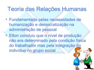 Teoria das Relações Humanas Fundamentada pelas necessidades de humanização e democratização na administração de pessoal Elton concluiu que o nível de produção não era determinado pela condição física do trabalhador mas pela integração do indivíduo no grupo social 