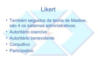 Likert  Também seguidos da teoria de Maslow, são 4 os sistemas administrativos: Autoritário coercivo Autoritário benevolente Consultivo Participativo  