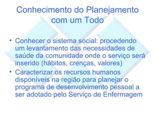 Conhecimento do Planejamento com um Todo Conhecer o sistema social: procedendo um levantamento das necessidades de saúde da comunidade onde o serviço será inserido (hábitos, crenças, valores) Caracterizar os recursos humanos disponíveis na região para planejar o programa de desenvolvimento pessoal a ser adotado pelo Serviço de Enfermagem 