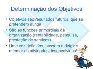 Determinação dos Objetivos Objetivos são resultados futuros, que se pretendem atingir São as funções primordiais da organização (rentabilidade, pesquisa, prestação de serviços) Uma vez definidos, passam a dirigir e orientar as atividades desenvolvidas 
