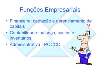 Funções Empresariais Financeira: captação e gerenciamento de capitais Contabilidade: balanço, custos e inventários Adminisatrativa - POCCC 