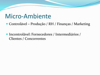 Micro-Ambiente
 Controlável – Produção / RH / Finanças / Marketing


 Incontrolável: Fornecedores / Intermediários /
 Clientes / Concorrentes
 