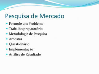 Pesquisa de Mercado
 Formule um Problema
 Trabalho preparatório
 Metodologia de Pesquisa
 Amostra
 Questionário
 Implementação
 Análise de Resultado
 