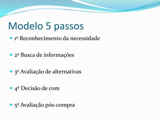 Modelo 5 passos
 1º Reconhecimento da necessidade


 2º Busca de informações


 3º Avaliação de alternativas


 4º Decisão de com


 5º Avaliação pós-compra
 