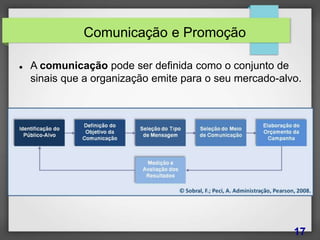 Comunicação e Promoção
 A comunicação pode ser definida como o conjunto de
sinais que a organização emite para o seu mercado-alvo.
17
 