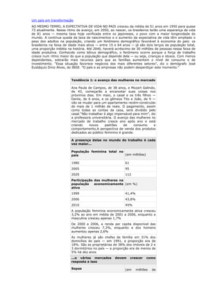 Um país em transformação
AO MESMO TEMPO, A EXPECTATIVA DE VIDA NO PAIS cresceu da média de 51 anos em 1950 para quase
73 atualmente. Nesse ritmo de avanço, em 2050, ao nascer, os brasileiros terão uma esperança de vida
de 81 anos -- mesma taxa hoje verificada entre os japoneses, o povo com a maior longevidade do
mundo. A contínua queda da taxa de nascimentos e o aumento da expectativa de vida têm ampliado o
peso dos adultos na população, criando um fenômeno demográfico favorável à economia do país: os
brasileiros na faixa de idade mais ativa -- entre 15 e 64 anos -- já são dois terços da população total,
uma proporção inédita na história. Até 2040, haverá acréscimo de 30 milhões de pessoas nessa faixa de
idade produtiva. Conhecido como bônus demográfico, o fenômeno ocorre porque a força de trabalho
cresce num ritmo maior do que a população que depende dela -- ou seja, crianças e idosos. Com menos
dependentes, sobrarão mais recursos para que as famílias aumentem o nível de consumo e de
investimento. "Essa situação favorece negócios dos mais diferentes setores", diz o demógrafo José
Eustáquio Diniz Alves, do IBGE. "O país e as empresas não podem desperdiçar este momento."



                         Tendência 1: o avanço das mulheres no mercado

                         Ana Paula de Campos, de 38 anos, e Mozart Galindo,
                         de 43, começarão a encaixotar suas coisas nos
                         próximos dias. Em maio, o casal e os três filhos —
                         Dante, de 6 anos, e os gêmeos Tito e João, de 9 —
                         vão se mudar para um apartamento recém-construído
                         de mais de 1 milhão de reais. O pagamento, assim
                         como todas as contas da casa, será dividido pelo
                         casal.“Não trabalhar é algo impensável para mim”, diz
                         a professora universitária. O avanço das mulheres no
                         mercado de trabalho cresce ano após ano e está
                         criando    novos     padrões     de    consumo      e
                         comportamento.A perspectiva de venda dos produtos
                         dedicados ao público feminino é grande.

                         A presença delas no mundo do trabalho é cada
                         vez maior...

                         População feminina total no
                         país                        (em milhões)

                         1980                              61
                         2005                              95
                         2020                              112
                         Participação das mulheres na
                         população    economicamente (em %)
                         ativa
                         1999                              41,4%
                         2006                              43,8%
                         2010                              45%
                         A população feminina economicamente ativa cresceu
                         3,2% ao ano em média de 2001 a 2006, enquanto a
                         masculina cresceu apenas 1,7%
                         De 2000 a 2006, a renda per capita disponível das
                         mulheres cresceu 7,3%, enquanto a dos homens
                         aumentou apenas 2,6%
                         As mulheres já são chefes de família em 31% dos
                         domicílios do país — em 1991, a proporção era de
                         18%. São as proprietárias de 38% dos imóveis de 2 e
                         3 dormitórios no país — a proporção era de menos de
                         5% há dez anos
                         ...e vários mercados       devem       crescer   como
                         resposta a isso

                         Sopas                             (em     milhões   de
 