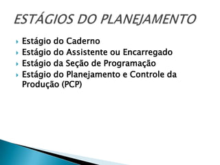    Estágio do Caderno
   Estágio do Assistente ou Encarregado
   Estágio da Seção de Programação
   Estágio do Planejamento e Controle da
    Produção (PCP)
 