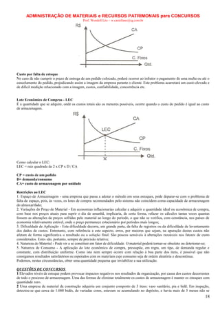 ADMINISTRAÇÃO DE MATERIAIS e RECURSOS PATRIMONAIS para CONCURSOS
Prof. Wendell Léo – w.castellano@ig.com.br

Custo por falta de estoque
No caso de não cumprir o prazo de entrega de um pedido colocado, poderá ocorrer ao infrator o pagamento de uma multa ou até o
cancelamento do pedido, prejudicando assim a imagem da empresa perante o cliente. Este problema acarretará um custo elevado e
de difícil medição relacionado com a imagem, custos, confiabilidade, concorrência etc.
Lote Econômico de Compras - LEC
É a quantidade que se adquire, onde os custos totais são os menores possíveis, ocorre quando o custo do pedido é igual ao custo
de armazenagem.

Como calcular o LEC:
LEC = raiz quadrada de 2 x CP x D / CA
CP = custo de um pedido
D= demanda/consumo
CA= custo de armazenagem por unidade
Restrições ao LEC
1. Espaço de Armazenagem - uma empresa que passa a adotar o método em seus estoques, pode deparar-se com o problema de
falta de espaço, pois, às vezes, os lotes de compra recomendados pelo sistema não coincidem coma capacidade de armazenagem
do almoxarifado;
2. Variações do Preço de Material - Em economias inflacionarias calcular e adquirir a quantidade ideal ou econômica de compra,
com base nos preços atuais para suprir o dia de amanhã, implicaria, de certa forma, refazer os cálculos tantas vezes quantas
fossem as alterações de preços sofridas pelo material ao longo do período, o que não se verifica, com constância, nos países de
economia relativamente estável, onde o preço permanece estacionário por períodos mais longos;
3. Dificuldade de Aplicação - Esta dificuldade decorre, em grande parte, da falta de registros ou da dificuldade de levantamento
dos dados de custos. Entretanto, com referência a este aspecto, erros, por maiores que sejam, na apuração destes custos não
afetam de forma significativa o resultado ou a solução final. São poucos sensíveis à alterações razoáveis nos fatores de custo
considerados. Estes são, portanto, sempre de precisão relativa;
4. Natureza do Material - Pode vir a se constituir em fator de dificuldade. O material poderá tornar-se obsoleto ou deteriorar-se;
5. Natureza de Consumo - A aplicação do lote econômico de compra, pressupõe, em regra, um tipo, de demanda regular e
constante, com distribuição uniforme. Como isto nem sempre ocorre com relação à boa parte dos itens, é possível que não
consigamos resultados satisfatórios ou esperados com os materiais cujo consumo seja de ordem aleatória e descontínua.
Podemos, nestas circunstâncias, obter uma quantidade pequena que inviabilize a sua utilização.
QUESTÕES DE CONCURSOS
1 Elevados níveis de estoque podem provocar impactos negativos nos resultados da organização, por causa dos custos decorrentes
de todo o processo de armazenagem. Uma das formas de eliminar totalmente os custos de armazenagem é manter os estoques com
quantidade zero.
2 Uma empresa de material de construção adquiriu um conjunto composto de 3 itens: vaso sanitário, pia e bidê. Em inspeção,
detectou-se que cerca de 1.000 bidês, de variadas cores, estavam se acumulando no depósito, e havia mais de 5 meses não se

18

 