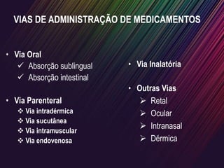 VIAS DE ADMINISTRAÇÃO DE MEDICAMENTOS
• Via Oral
 Absorção sublingual
 Absorção intestinal
• Via Parenteral
 Via intradérmica
 Via sucutânea
 Via intramuscular
 Via endovenosa
• Via Inalatória
• Outras Vias
 Retal
 Ocular
 Intranasal
 Dérmica
 